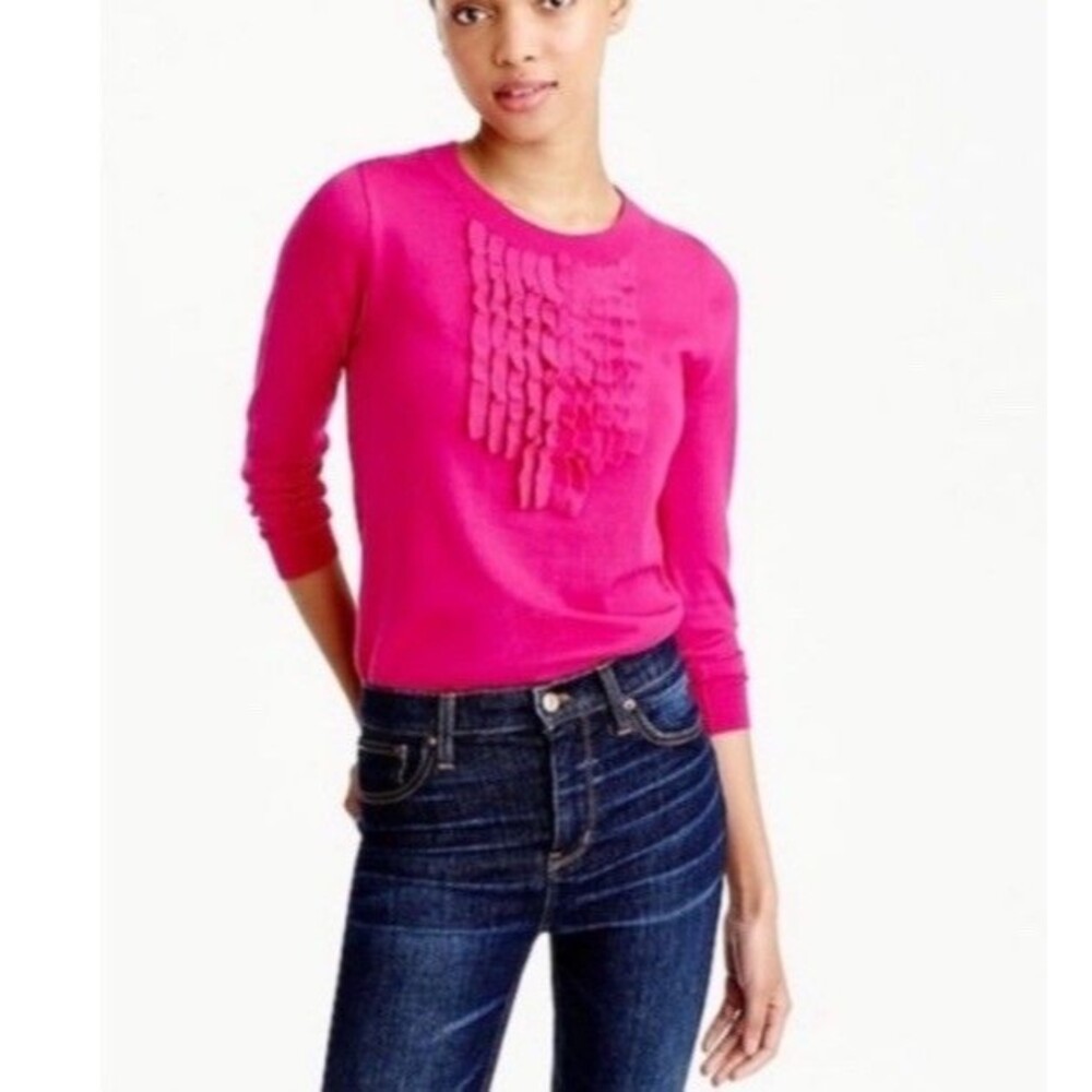 J Crew Pink Ruffle Front Merino Wool Sweater Size Small